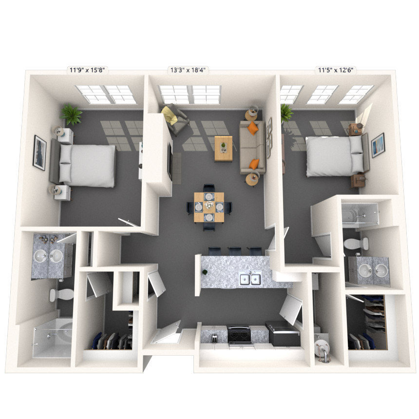 Floor plan for 2 beds, 2 baths, 1142 sqft